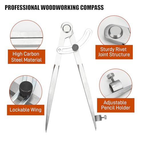 Large Compass for Woodworking, 8 Inch Pencil Compass with Wing Divider Metal Compass Drawing Tool for Carpenter Drafting Technical Drawing - size: 8 Inch