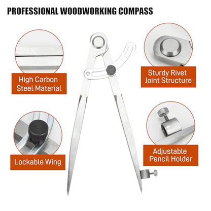 Large Compass for Woodworking, 8 Inch Pencil Compass with Wing Divider Metal Compass Drawing Tool for Carpenter Drafting Technical Drawing - size: 8 Inch
