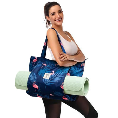 WLLWOO Yoga Mat Carrier Bag for Women Canvas Carryall Tote Gym Pilates | Large Holder Zipper Shoulder for Beach Travel Workout Fitness Office - color: Flamingo