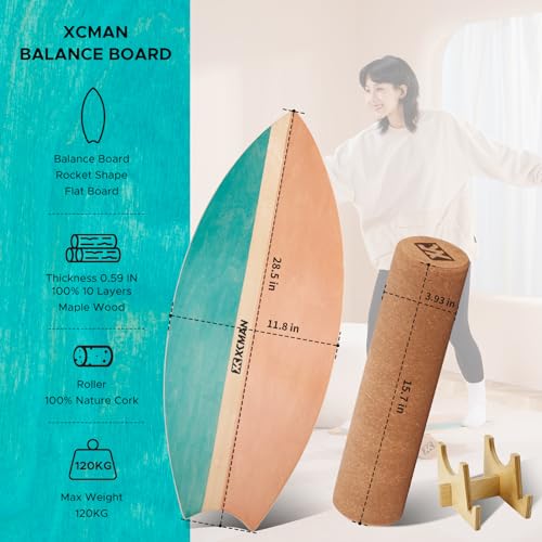 XCMAN Surf Balance Board Trainer with Roller Wooden Exercise Balancing Stability Trainer - Non Slip Surface for Adults Kids|Balance Board for Surfing,Snowboarding,Skateboarding,Hockey,Yoga Training - color: Rocket Green