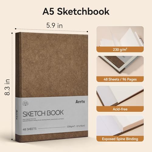 Arrtx A5 Premium Sketchbook, 96 Pages, 50% Cotton, 230 GSM, Hardcover | Acid-Free Paper, Thick 230GSM Drawing Pad. Ideal for Watercolor, Ink, Pencil & Art Professionals - color: Brown