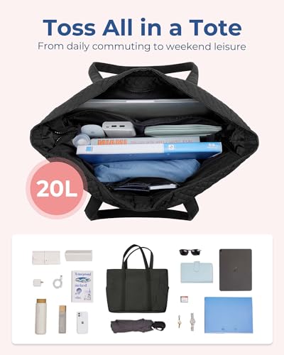 BAGSMART Crush Tote Bag for Women, 20L Puffer Work Tote with Zipper, Travel Essentials Quilted Nurse Hospital Bag - color: Black