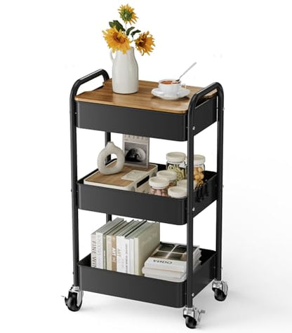 3-Tier Rolling Cart with Table Top, Metal Utility Cart on Wheels | Sturdy Storage Organizer Cart with Lockable Wheels&Hooks for Craft, Office, Classroom, Kitchen and Bathroom, Black - color: Black