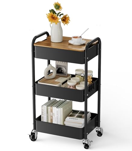 3-Tier Rolling Cart with Table Top, Metal Utility Cart on Wheels | Sturdy Storage Organizer Cart with Lockable Wheels&Hooks for Craft, Office, Classroom, Kitchen and Bathroom, Black - color: Black