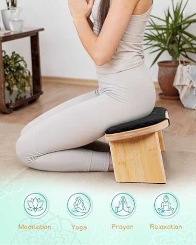 Hihealer Folding Bamboo Meditation Bench with Cushion & Carry Bag – Ergonomic Yoga and Prayer Stool for Comfort and Posture Support (Black) - color: Black