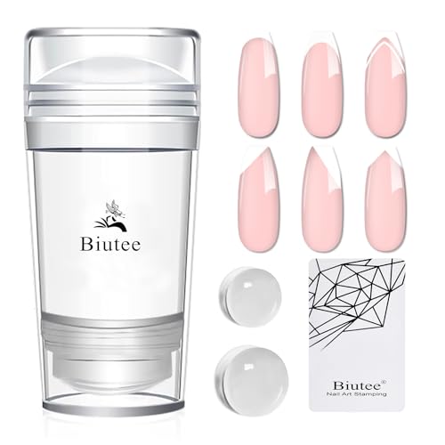 Biutee French Tip Nail Stamper 4PCS Nail Art Stamper Kit with Scrapers | 2 Replacement Nail Stamper Heads Clear Silicone Nails Jelly Stamper Nail Printing Tool for French Manicure Home DIY Art Salon - color: 4pcs