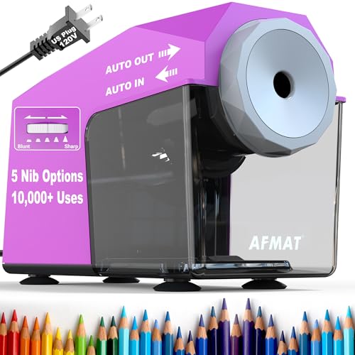 AFMAT Electric Pencil Sharpener, Fast & Hands-Free, 10K+ Uses, 5 Nibs, Fully Automatic Pencil Sharpener for Classroom, Heavy Duty Sharpeners for No.2/Jumbo/Colored Pencils (φ6.5-10.5mm) US Plug(120V) - color: Purple