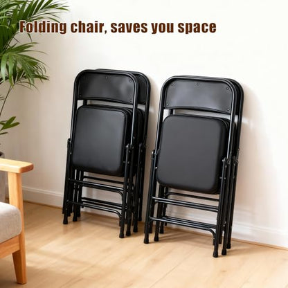 Padded Folding Chair Indoor Metal Frame Foldable Chair Black | Comfortable Thick Vinyl Cushion Seat Durable Elegant Upholstered Single Chair for Small Space Home, Office and Events - color: Black
