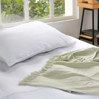 100% Cotton Gauze 50"X60" Throw Tassel 4 Layered Blanket- Sea Foam | Premium Muslin Blanket for Couch,Bed,Living,Summer Lightweight, All Seasons Blankets & Throws, Boho,Travel & Skin Friendly - color: Sea Foam, size: 50"X60" Throw