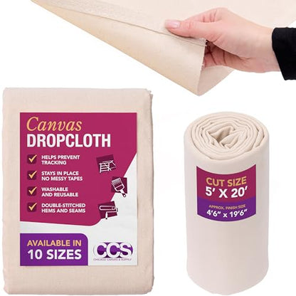 CCS Canvas Drop Cloth for Painting – All Purpose Cotton Duck Cloth Tarp for Curtains, Tablecloths, Backdrops – Washable & Reusable Floor Cover & Dust Sheet for Furniture (5x20 Ft) - size: 5 by 20 Feet