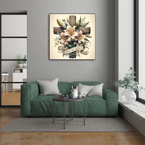 CHWGLFGG 5D Cross Diamond Art Kits for Adults Beginners 13.7X13.7Inch | DIY Full Round Drill Diamond Painting Kit Religious Cross With Lily Flowers, Paint by Diamonds Dot Gem Art, Home Wall Decor - color: JK676-A