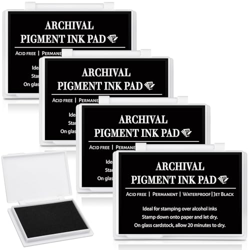 MotiMind 4 Pcs Archival Pigment Waterproof Ink Pad for Stamps, Black | Pigment Stamp Pads for Card Making Scrapbooking, Archival Acid-free Quality, 3.7x2.5 Inch, Works on Paper Glass - color: Black