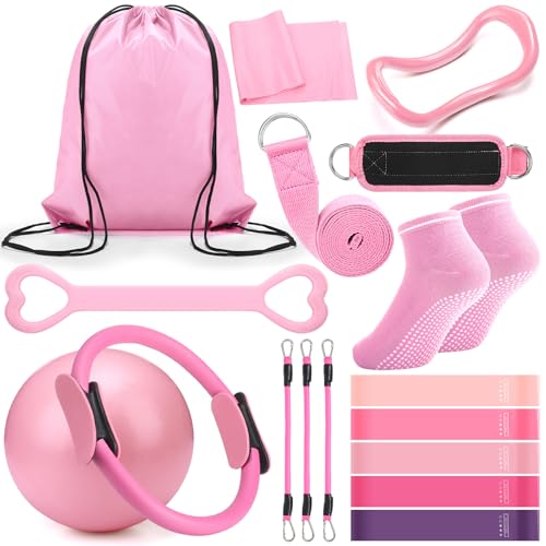 RoundFunny Pilates Ring Circle Set 18 Pcs Exercise Equipment Accessories for Women Workouts Pilates Ball Stretching Strap Magic Circle Yoga Ring Gym Back Bag Resistance Band Anti Slip Socks - color: Pink