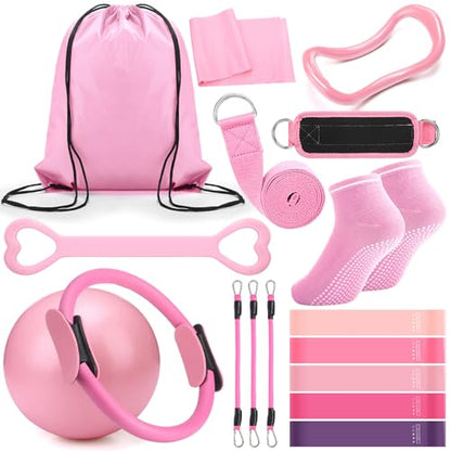 RoundFunny Pilates Ring Circle Set 18 Pcs Exercise Equipment Accessories for Women Workouts Pilates Ball Stretching Strap Magic Circle Yoga Ring Gym Back Bag Resistance Band Anti Slip Socks - color: Pink