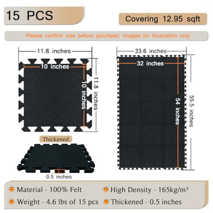 BXI Gym Flooring Mats 15 Pcs, 11x 11 x 0.5 inches High Density Exercise Floor Tiles, Non Slip Interlocking Noise Shock Reduction Puzzle Felt Mat for Workout, Basement and Home Gym Protective