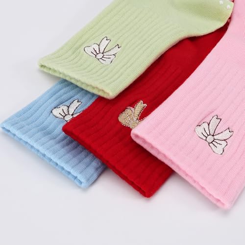 Women's Pilates Grip Socks, Ruffle Non Slip Bow Pattern Yoga Socks | Grippy, Frilly Trim, Embroidery, Crew Length, Soft Cotton, Arch Support, for Barre Ballet Dance Workout Hospital Home Gifts - color: C05-blue(white Bow)*2