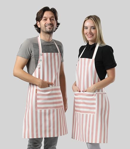 TOSHEX Kitchen Apron Cotton Waterdrop Resistant Adjustable Button Women Men | Premium Cotton Cooking Apron with Pocket. Striped, Gift, Powder Pink - color: Powder Pink