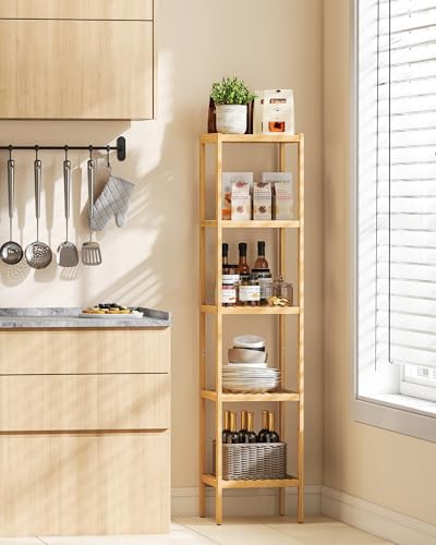 SONGMICS 5-Tier Bamboo Shelf, Freestanding Bathroom Storage Rack - color: Light Bamboo, size: 5 Tiers (13"D x 13"W x 57.5"H)