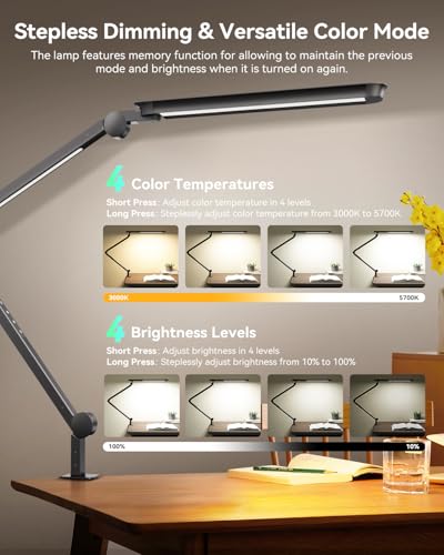 LED Desk Lamp with Clamp, Architect Desk Lamp with Remote, Flexible Swing Arm Desk Light with Dual LED Light, Stepless Dimming, 5 Color Mode & 4 Brightness for Sewing Painting Drafting Crafting - color: Dual Light