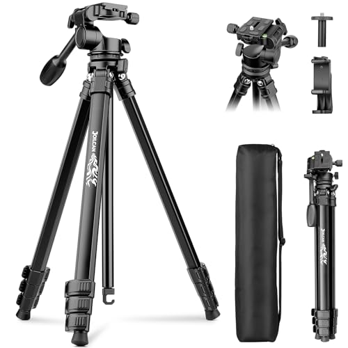 JOILCAN 66" Travel Tripod for Camera, Aluminum Compact Tripod | with Pan Head, Cell Phone Holder & Carry Bag, Max Load 22lbs for Camera DSLR Camcorders Spotting Scope iPhone - color: Metallic Black