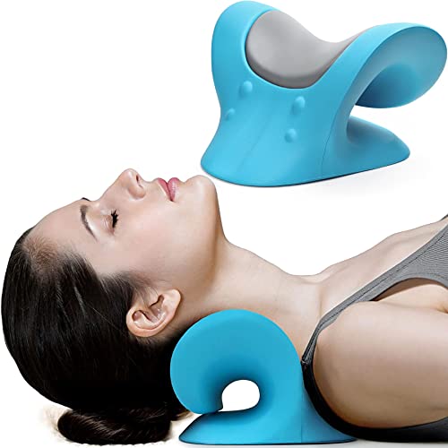 RESTCLOUD Comfortable Neck Stretcher for Neck Pain Relief, Neck and Shoulder Relaxer Cervical Neck Traction Device for TMJ Pain Relief and Muscle Relax, Cervical Spine Alignment Chiropractic Pillow - color: Blue
