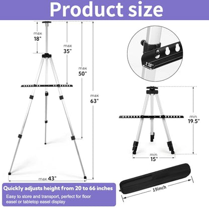 4 Pack Art Painting Artist Easel Stand Adjustable Portable Aluminum Metal Tripod Display Easel with 4 Bag Height from 20-66 Inches Tabletop Art Easel for Table-Top/Floor Drawing and Displaying,Silver