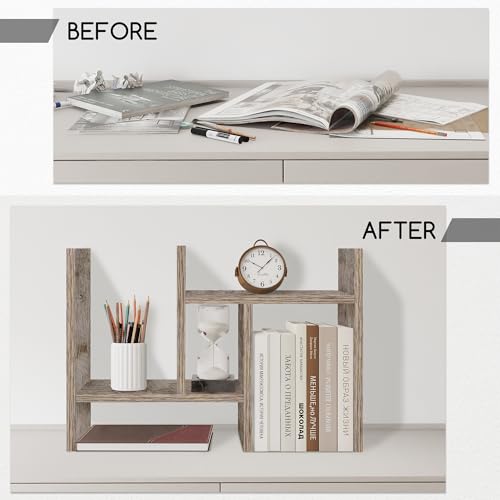 Jerry & Maggie Desktop Organizer Office Storage Rack Adjustable Wood Display Shelf Free Style Double H, Multi-Functional Mini Bookshelf for Desk Natural Stand (Gray Oak) - color: Gray Oak