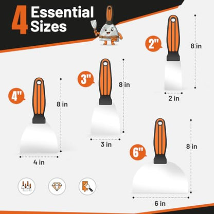 Fishark Putty Knife Set, 2/3/4/6in Stainless Steel Spackle Knives, 4Pcs | Mirror Polished Blade, Non-Slip Grip, for Drywall Repair, Paint Scraping, Taping, Wallpaper Removal, Plaster & Adhesive - color: 2" 3" 4" 6"