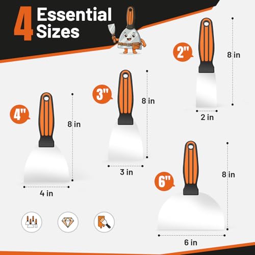 Fishark Putty Knife Set, 2/3/4/6in Stainless Steel Spackle Knives, 4Pcs | Mirror Polished Blade, Non-Slip Grip, for Drywall Repair, Paint Scraping, Taping, Wallpaper Removal, Plaster & Adhesive - color: 2" 3" 4" 6"
