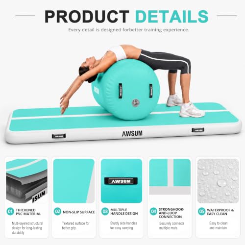 AWSUM Inflatable Gymnastics Mat with Air Roller Barrel Tumbling Equipment - color: Mint Green/White+Green/Black Roller, size: 10ft*3.3ft*4in&(L)40in*(Diam)23.6"
