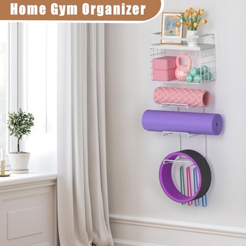 LIDTOP Yoga Mat Holder White, Wall Mount Yoga Accessory Mats Storage Rack, Home Gym Accessories Organizer Storage with Wood Floating Shelves, 4 Hooks Hanging Yoga Strap & Resistance Bands - color: Full White