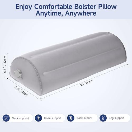 Inflatable Bolster Pillow for Legs, Knees & Back – Lightweight,Half Moon Support Cushion for Sleeping & Travel – Soft Milk Fiber & TPU – Adjustable Lumbar, Knee & Ankle Support 51x21x12cm