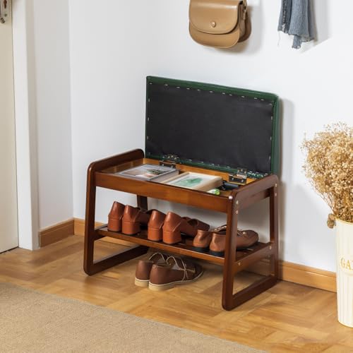 SOBIBO Solid Wood Shoe Rack Bench with Flip-Top Storage, Green, 21.65" | Mid-Century Modern, Flip-top Hidden Storage, Faux Leather Cushion, 450lb Capacity, Ideal for Entryway, Hallway, Bedroom - color: Green(flip‑top), size: 21.65 inches