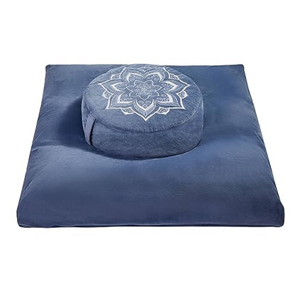 Meditation Cushion Set Zafu & Zabuton – Buckwheat Hull & Memory Foam, Adjustable Floor Pillow for Yoga, Meditation & Sitting, Removable Velvet Cover (Navy Blue) - color: Navy Blue
