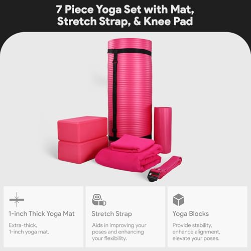 BalanceFrom 7-Piece Yoga Set with 71x24x1 Inches Extra Thick Mat and Carrying Sling – Includes 2 Blocks, Stretch Strap, 2 Towels, and Knee Pad for Home, Studio, and Gym Workouts - color: Pink