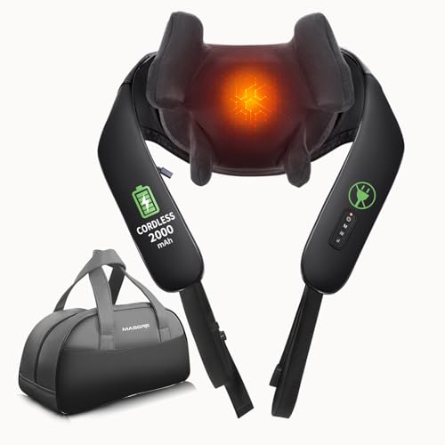 MASGRE Shiatsu Neck and Shoulder Massager, Cordless Back Massager with Heat | Shoulder Massager Deep Tissue 6D Kneading with Carry Bag, Massages Pillow for Neck, Back, Shoulder, Body Gifts for Mom Dad - color: Black Plus
