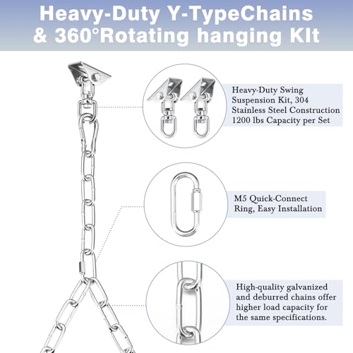 Heavy Duty Porch Swing Hanging Kit with Y-Chain & 360° Swivel Hangers 1500Lbs Capacity, Rustproof Zinc-Plated Chains 304 Stainless Steel Mount Hooks, Indoor/Outdoor Hammock Hardware(Silver) - color: Silver