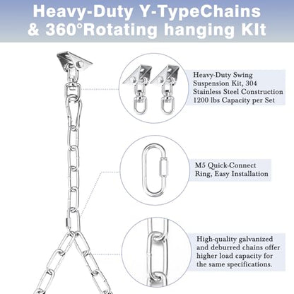 Heavy Duty Porch Swing Hanging Kit with Y-Chain & 360° Swivel Hangers 1500Lbs Capacity, Rustproof Zinc-Plated Chains 304 Stainless Steel Mount Hooks, Indoor/Outdoor Hammock Hardware(Silver) - color: Silver