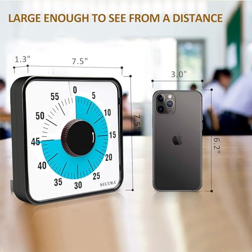 Secura 60-Minute Visual Countdown Timer, 7.5-Inch Oversize Classroom Visual Timer for Kids and Adults, Durable Mechanical Kitchen Timer Clock with Magnetic Backing (Blue) - color: Blue & Black