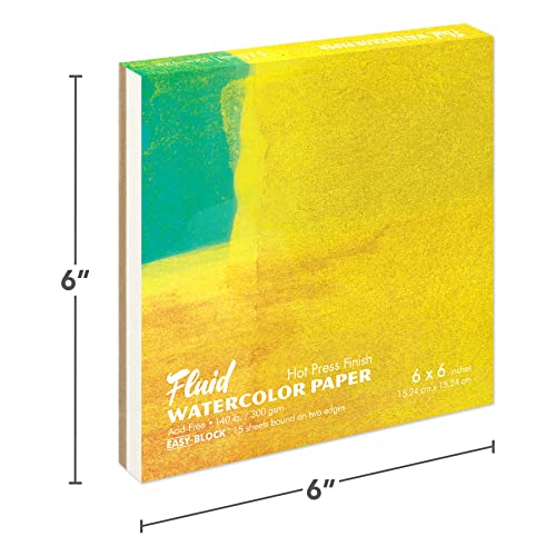 Fluid Watercolor Paper Block, 6 x 6 inches, 15 White Sheets, 140 lb (300 GSM) Hot Press Pad for Artist Painting and Wet Media - size: 6 x 6