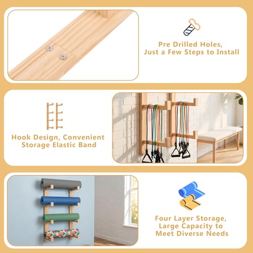 4-Tier Wooden Yoga Mat Holder Wall Mount, Yoga Mat Rack for Home Gym