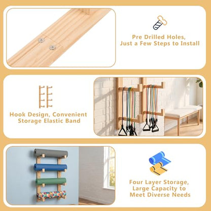 4-Tier Wooden Yoga Mat Holder Wall Mount, Yoga Mat Rack for Home Gym