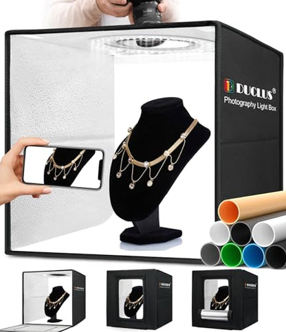 Light Box Photography, 16x16 Inch Photo Light Box with 160 Dimmable LED Lights (CRI 97+), 6 PVC & 2 Paper Backdrops, Portable Studio Box for Product Photography: Jewelry, Food, Shoes - size: 16*16 inch