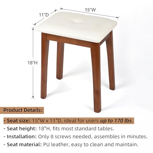 Solid Wood Vanity Stool with Cushion | 11"D x 15"W x 18" H - Small Wooden Ottoman Bench Chair Padded Seat for Bedroom/Living Room/Office/Makeup Vanity - color: Beige White - 18"h