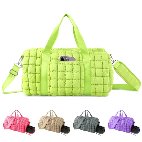 Quilted Travel Duffle Bag Gym Bag for Women,Large Puffer Duffle Weekender Bag with Compartment,Workout Overnight Carry on Organizer Bag Duffle Bag for Airplane Travel(L-Green) - color: Green, size: Large