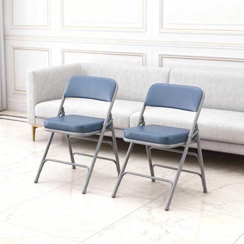 Padded Folding Chair Indoor Metal Frame Foldable Chair Blue | Comfortable Thick Vinyl Cushion Seat Durable Elegant Upholstered Single Chair for Small Space Home, Office and Events - color: Blue