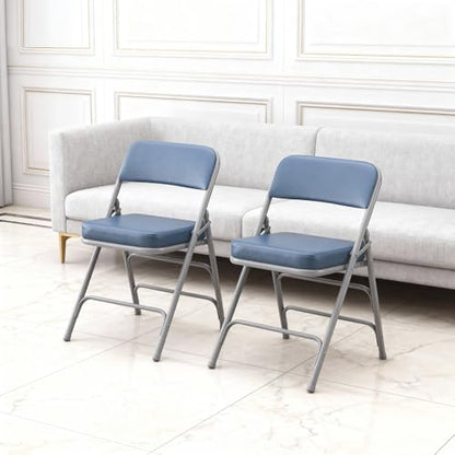 Padded Folding Chair Indoor Metal Frame Foldable Chair Blue | Comfortable Thick Vinyl Cushion Seat Durable Elegant Upholstered Single Chair for Small Space Home, Office and Events - color: Blue