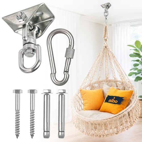 Albo Heavy Duty Ceiling Swing Mount Bracket with 360° Swivel & Locking Carabiner, 2650 LBS, Hammock Chair, Porch Swing, Yoga Swing, Punching Bag Ceiling Hanger, Wood Beam & Concrete Hardware Kit - color: Silver, size: 1 Piece
