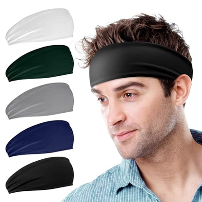 Sweatbands Sports Headband for Men & Women, Moisture Wicking Hairband Athletic Towel Headbands Cotton Head Sweat Bands for Running, Cycling, Yoga, Spa - color: C-5PCS-Black, White, Gray, Dark Blue, Green