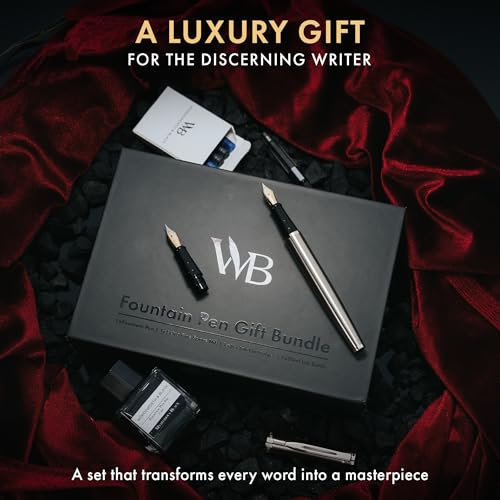 Wordsworth & Black Fountain Pen Gift Set, Medium & Extra Fine Nib, Silver | For Men & Women, Brass Body, 18K German Iridium, Ink Bottle + 6 Cartridges, Converter, Writing & Calligraphy, Journaling - color: Silver Chrome